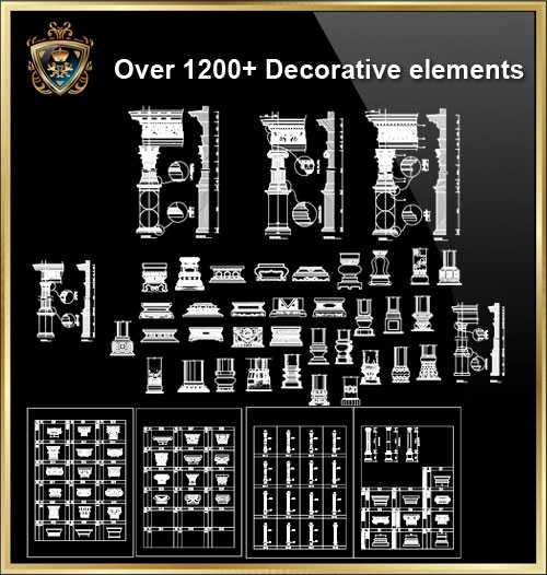 ”iOver 1200+ Decorative elements CAD Blocks V.2”j
