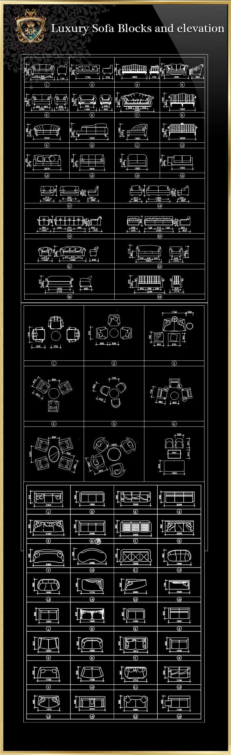 ★【Luxury Sofa Blocks and elevation】Download Luxury Architectural Design CAD Drawings--Over 20000+ High quality CAD Blocks and Drawings Download!